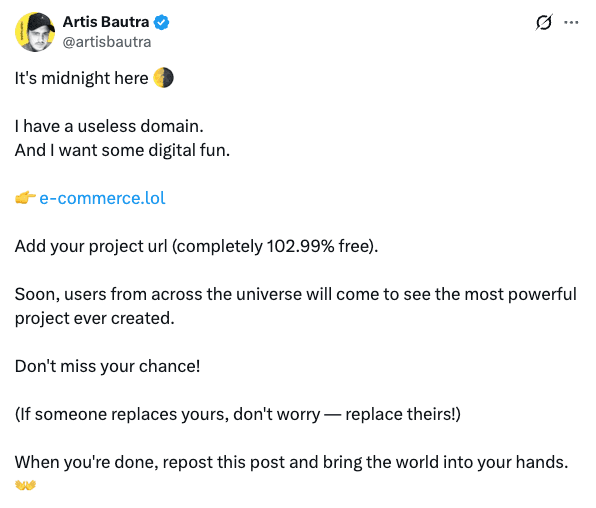 Original X post by Artis Bautra announcing e-commerce.lol